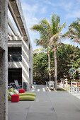 Loungers and other seating on modern terrace below palm trees