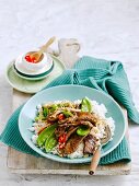 Rindfleisch mit Pilzen, Zuckerschoten und Reis (Asien)