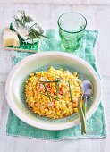 Turmeric Risotto with Fish and Corn Salsa