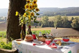 Bundt cake and sunflowers on table set for afternoon coffee with view of landscape