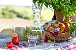 Carafe of water, bread basket, cheese and grapes on set picnic table
