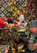 Autumn terrace with pumpkins, heather and ornamental cabbage