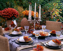 Chrysanthemum (Chrysanthemen in orange und kupfer) Acer (Ahornlaub), Rosa (Hagebutte)