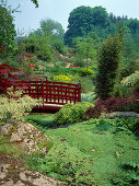 Red bridge in Japanese garden