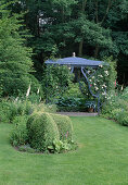 Pavilion overgrown with Rosa 'Guirlande d'amour' (rambler rose), repeat flowering with good fragrance, Buxus sempervirens (box) topiary, Digitalis (foxglove)