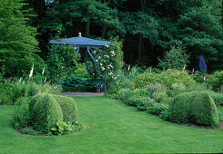 Pavillon bewachsen mit Rosa 'Guirlande d'amour'(Ramblerrose), öfterblühend mit gutem Duft, Buxus sempervirens (Buchs) Formschnitt, Digitalis (Fingerhut)