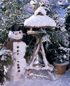 Birdhouse, Snowman, Picea (Spruce), Buxus (Box)