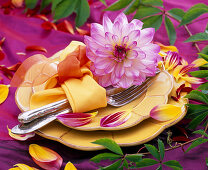 Festive dahlia table decoration on the terrace