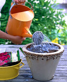 Gladioli in beige bucket