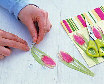 Tulips in bowl, pots with tulip napkin technique