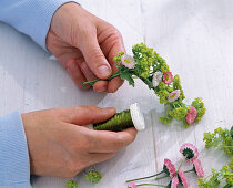 Bellis lady's mantle wreath around lantern