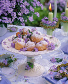 Blossoms of Myosotis (Forget-me-not) on a bowl with a foot with cream puffs