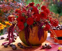 Red autumn bouquet in pumpkin vase (5/5)