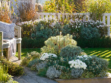 Autumn border with wooden edging in white and silver-grey