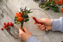 Wreath with lantern flowers, rose hips and olive branches