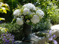 Iron vase with a bouquet of Paeonia, Leucanthemum vulgare