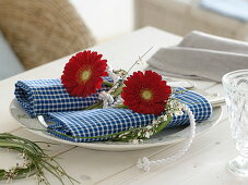 Gerbera 'Germin Grappa' (rote Mini-Gerbera) als Serviettendeko