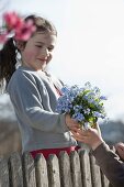 Girl behind fence with bouquet of Myosotis (Forget-me-not)