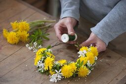 Dandelions wpring wreath, with woodruff and rock pear
