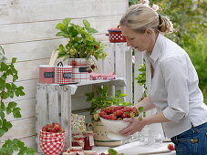 Freshly harvested strawberries and strawberry plants in pots