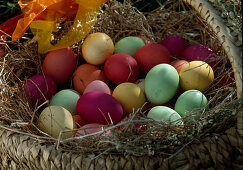 Basket with coloured Easter eggs