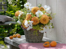 Orange-weißer Strauß aus Dahlia (Dahlien), Cosmos (Schmuckkörbchen)