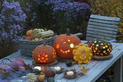 Herbstliches Arrangement mit Kürbissen auf Holztisch