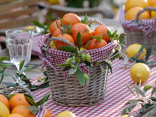 Table decoration with citrus fruits and olives