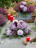 Pink grave arrangement: Chrysanthemum grandiflorum 'Malabar', 'Morning Light'