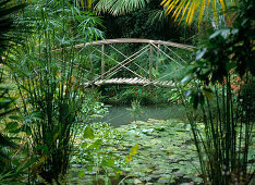 Bridge of wood and bamboo sticks over a pond