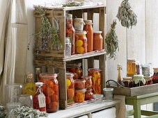 Preserved tomatoes, hot peppers, vinegar and herbs in homemade shelf