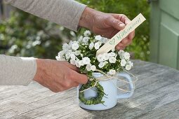 Blooming bellflower in enameled milk pot as a welcome greeting