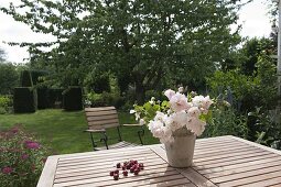 View from the seating area to a large sweet cherry tree (Prunus avium)