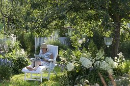 White couch under the apple tree (Malus), bed with hydrangea (hydrangea)