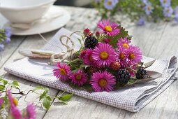 Kleiner Strauß aus Aster (Herbstastern) und Brombeeren (Rubus)