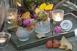 Small autumn decorations in cream jug and sugar bowl