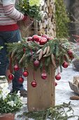 Wreath of Picea omorica (spruce) with cones, decorated with red balls