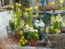 Woman planting yellow and white spring basket (1/3)