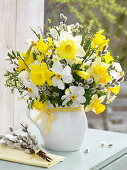White-yellow bouquet with narcissus, Salix branches