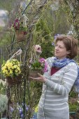 Frühlingsblüher in Töpfen an Rosenbogen gehängt