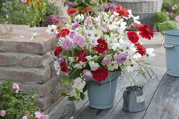 Late summer bouquet in an enamelled bucket: Cosmos (Jewel Basket)