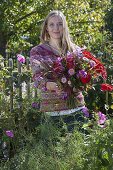 Young woman cutting the last summer flowers in the cottage garden