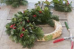 Mixed Advent wreath made from Nordmann fir and holly