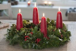 Mixed Advent wreath made from Nordmann fir and holly