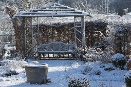 Snowy rose garden, wooden pavilion with bench, bordered with hedge