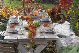 Autumn table decoration with garland of autumn leaves and rosehips