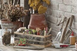 Wooden box with bark cladding as a storage box for seeds