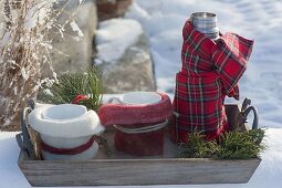 Tray with thermos and cups in winter garden