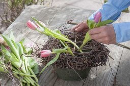 Tulips arrangement in wreath of birch vines