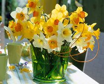 Bouquet with various daffodils in green glass vase